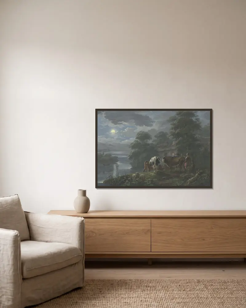 Månskenslandskap vid en flod, herde och herdinna driver boskapen till gården av Johann Georg Pforr inramad på en vägg