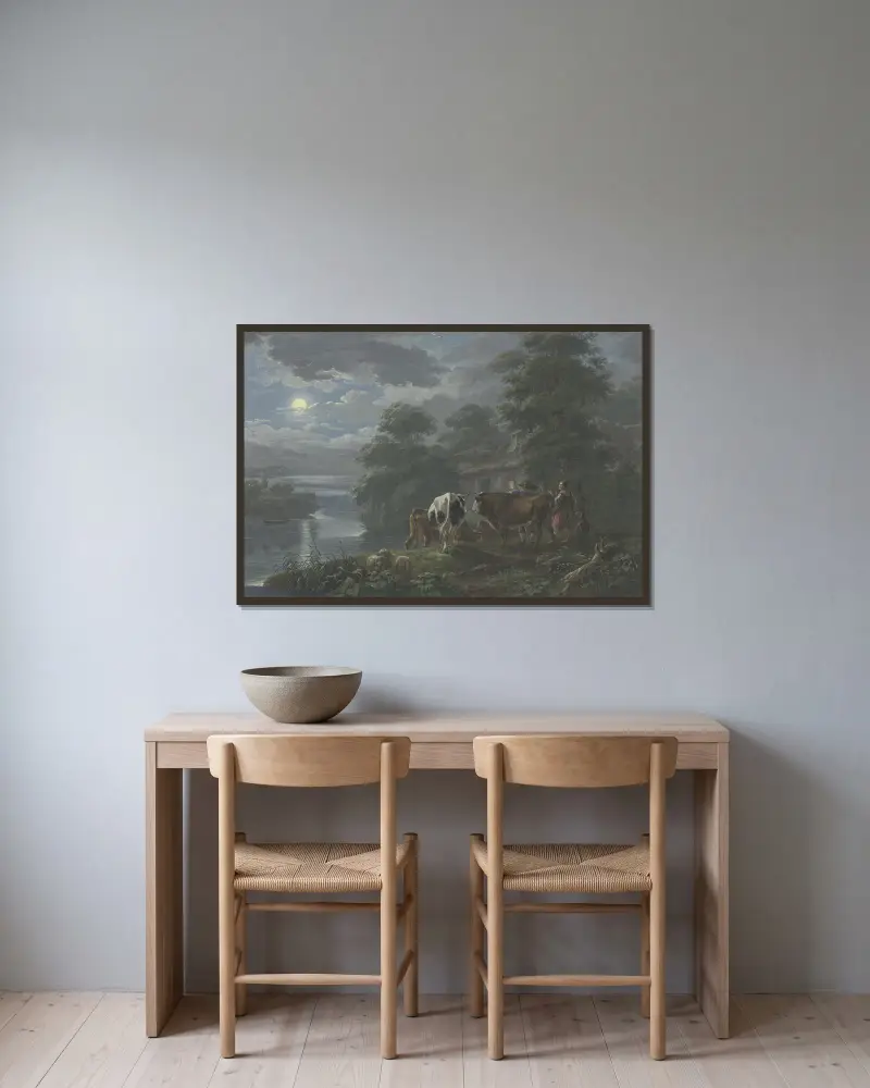 Månskenslandskap vid en flod, herde och herdinna driver boskapen till gården av Johann Georg Pforr inramad på en vägg