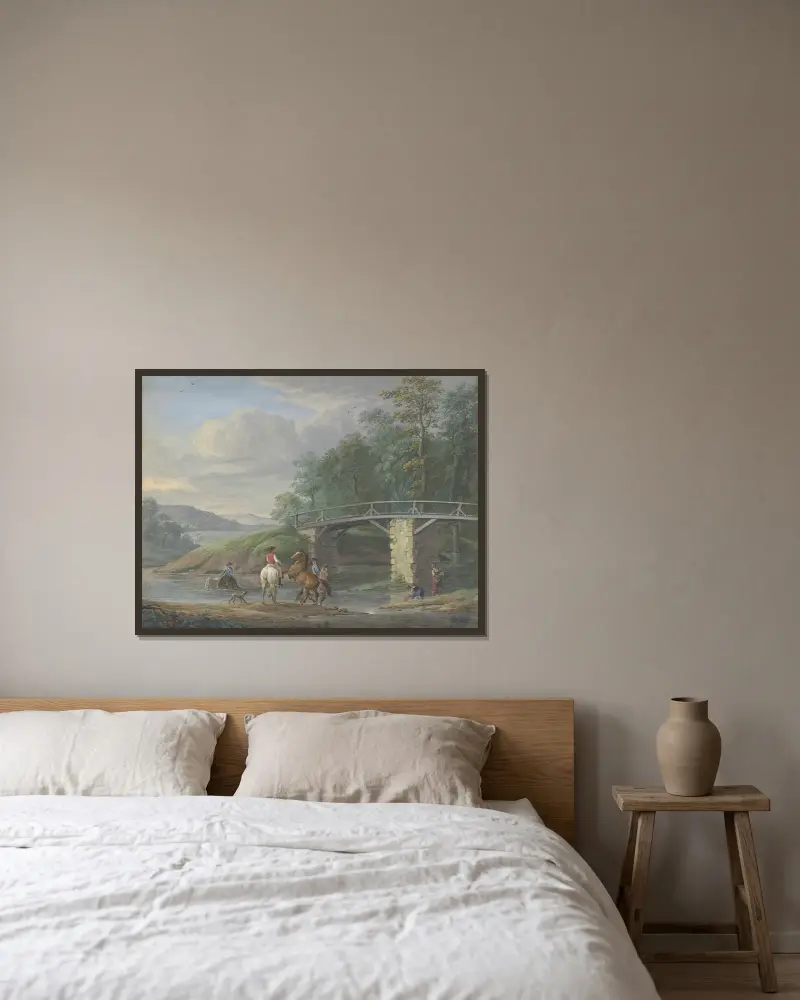 Hästar vid vattningsstället vid en bro, till höger två tvätterskor av Johann Georg Pforr inramad på en vägg