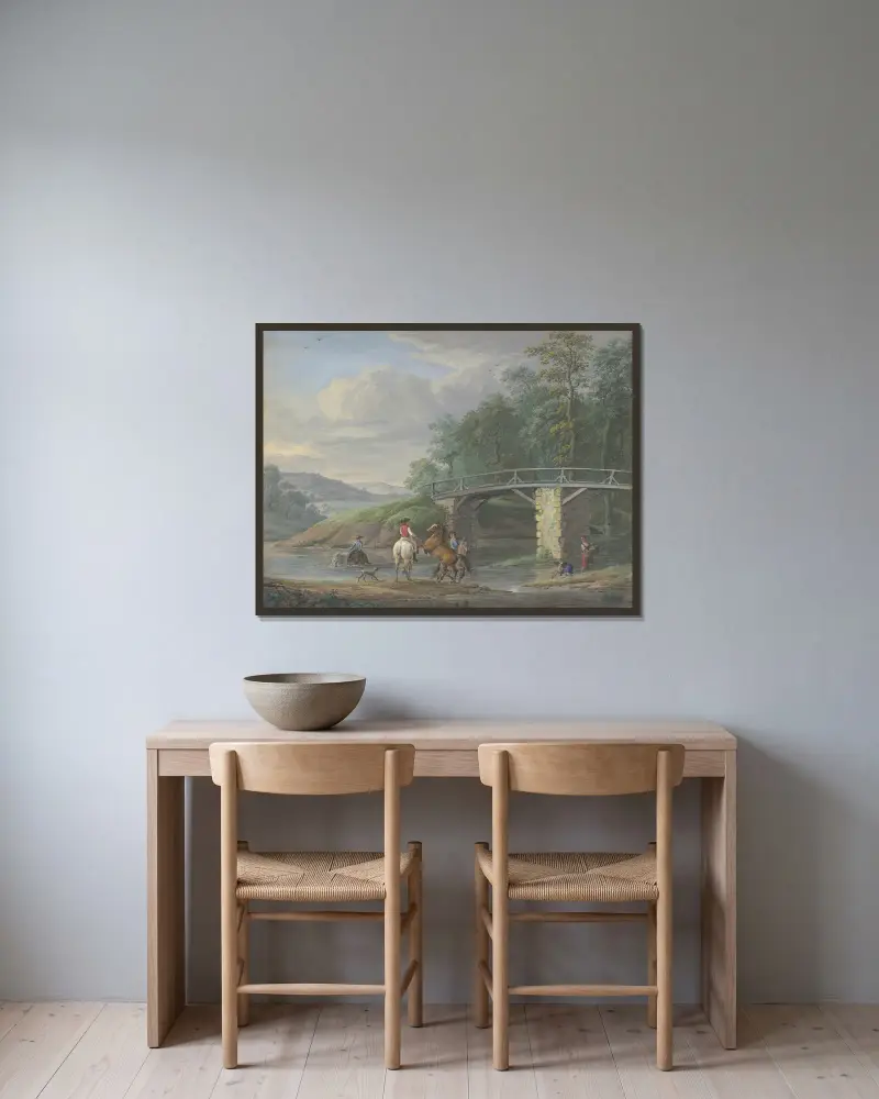 Hästar vid vattningsstället vid en bro, till höger två tvätterskor av Johann Georg Pforr inramad på en vägg