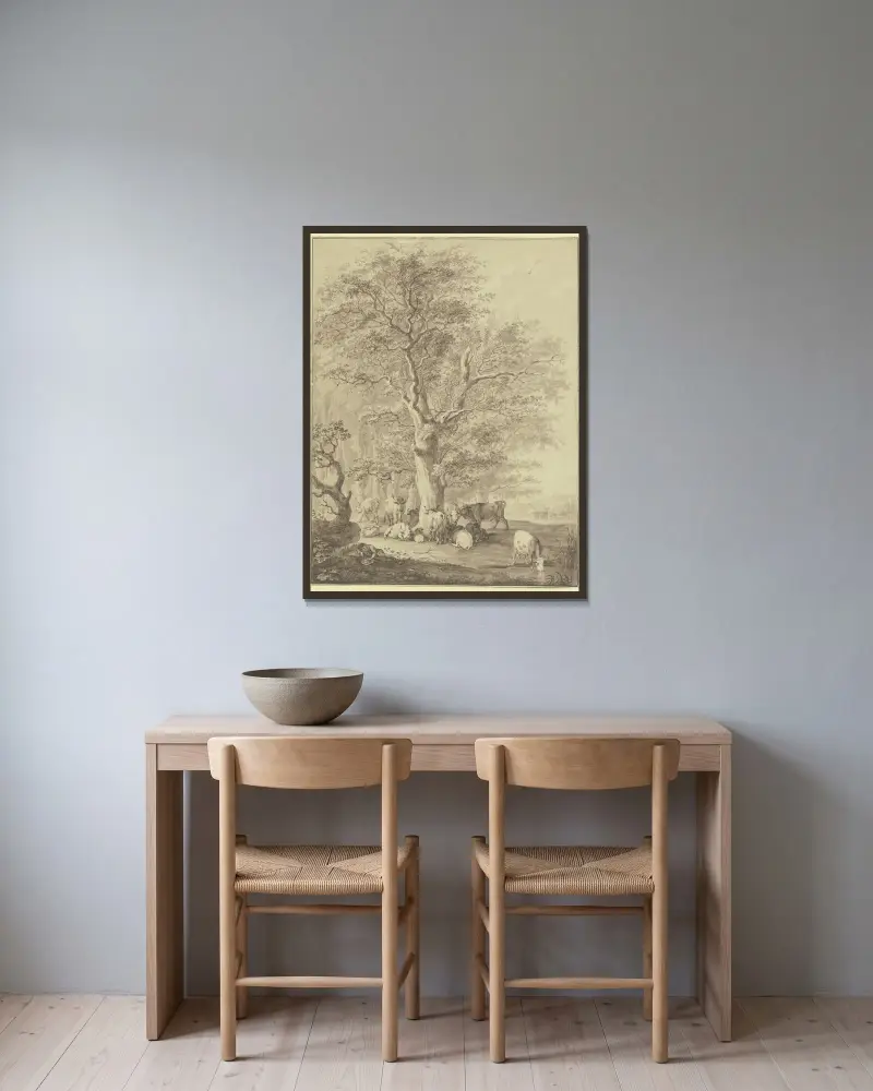 Kohjord med två får och en herde som vilar under en ek av Johann Georg Pforr inramad på en vägg