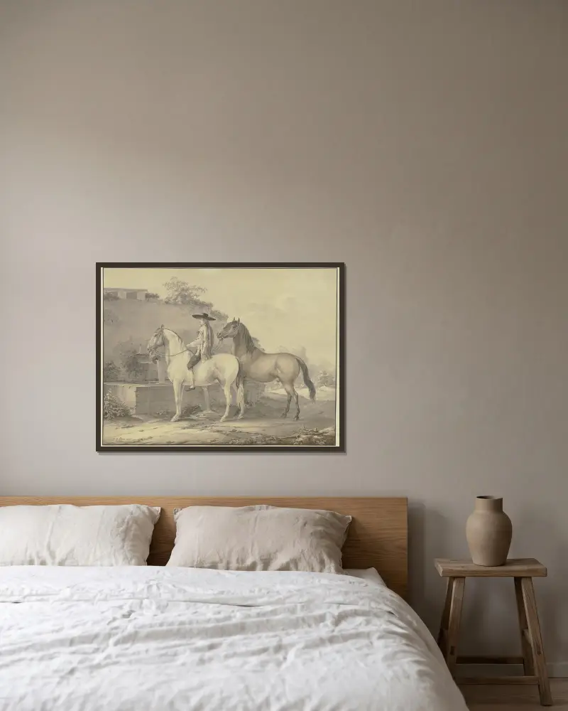 Spanische Pferde von Johann Georg Pforr gerahmt an einer Wand