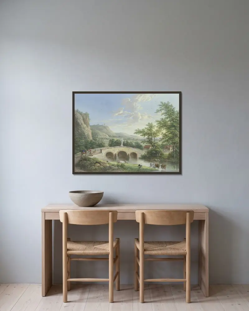 Dalgångslandskap med en stenbro, på vars bröstning en antik skulptur är uppställd av Johann Georg Pforr inramad på en vägg