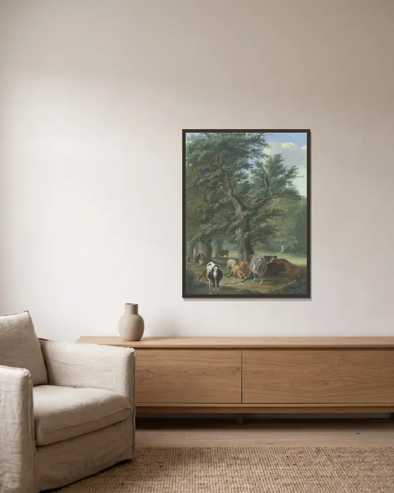 Under en stor ek vilar boskap, i fjärran en råbock, till vänster bär en kvinna mat till herden av Johann Georg Pforr inramad på en vägg