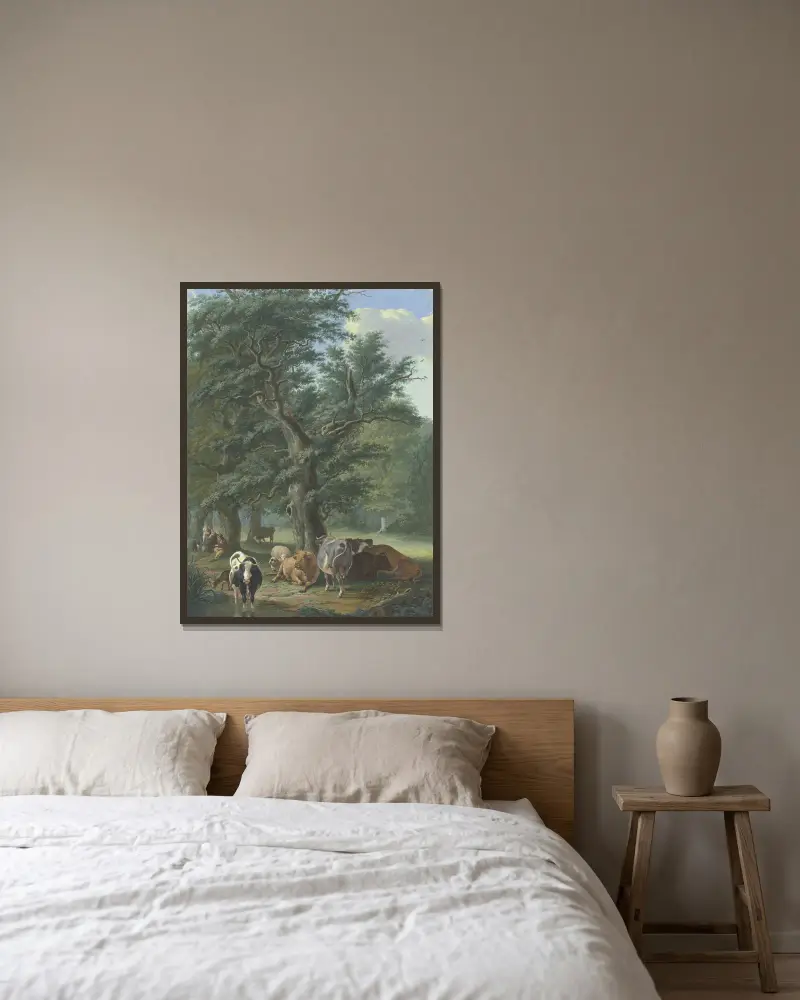 Under en stor ek vilar boskap, i fjärran en råbock, till vänster bär en kvinna mat till herden av Johann Georg Pforr inramad på en vägg