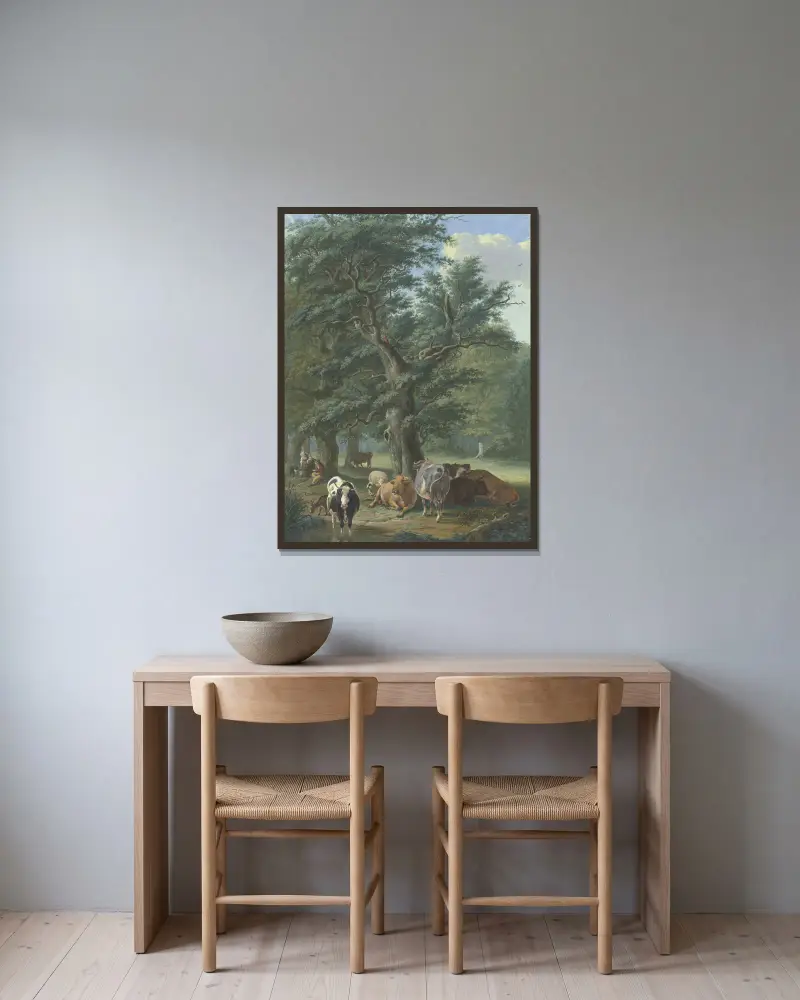 Under en stor ek vilar boskap, i fjärran en råbock, till vänster bär en kvinna mat till herden av Johann Georg Pforr inramad på en vägg