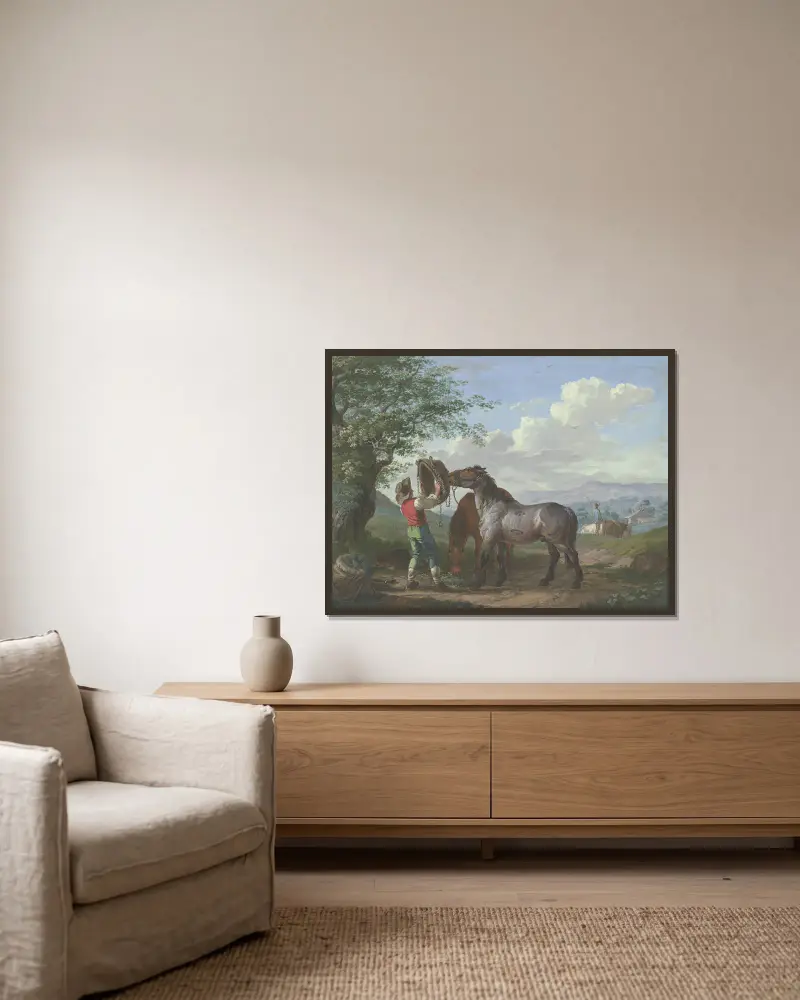 Zwei Pferde auf dem Felde unter einem Baum von Johann Georg Pforr gerahmt an einer Wand