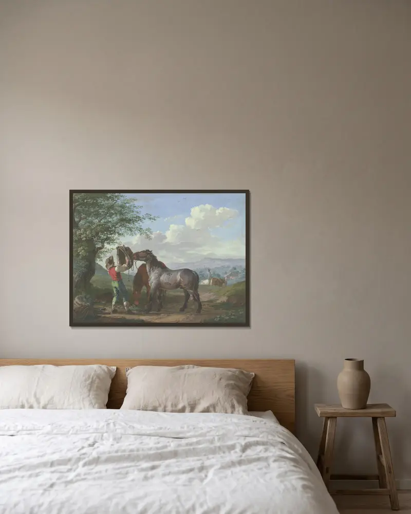 Zwei Pferde auf dem Felde unter einem Baum von Johann Georg Pforr gerahmt an einer Wand