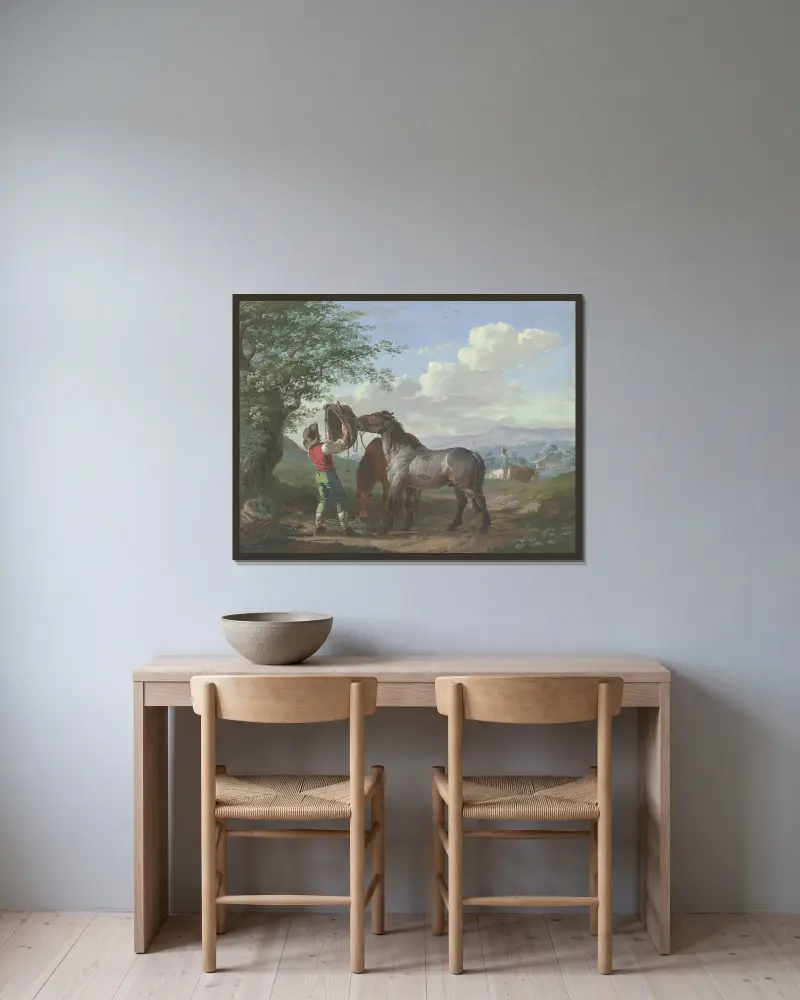 Zwei Pferde auf dem Felde unter einem Baum von Johann Georg Pforr gerahmt an einer Wand