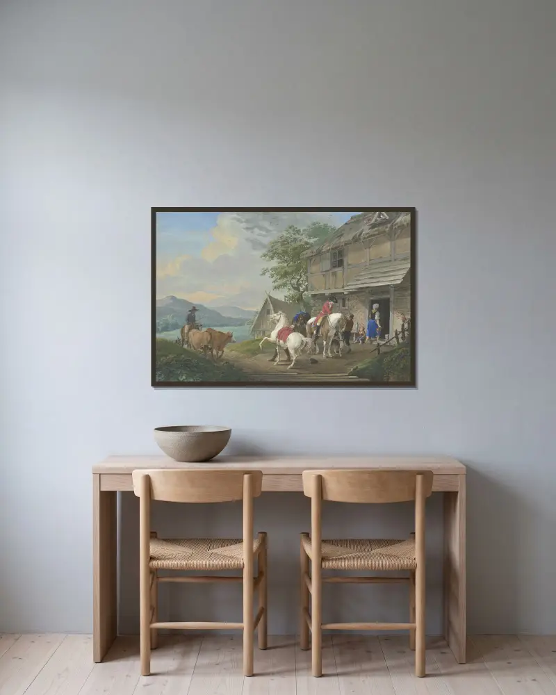 Två ryttare med packhäst stannar utanför en bondgård av Johann Georg Pforr inramad på en vägg