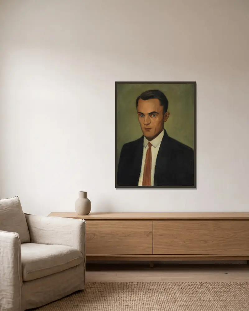 Porträt Erwin Hildinger av Georg Scholz inramad på en vägg