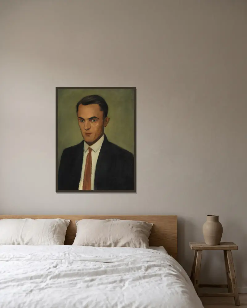 Porträt Erwin Hildinger av Georg Scholz inramad på en vägg