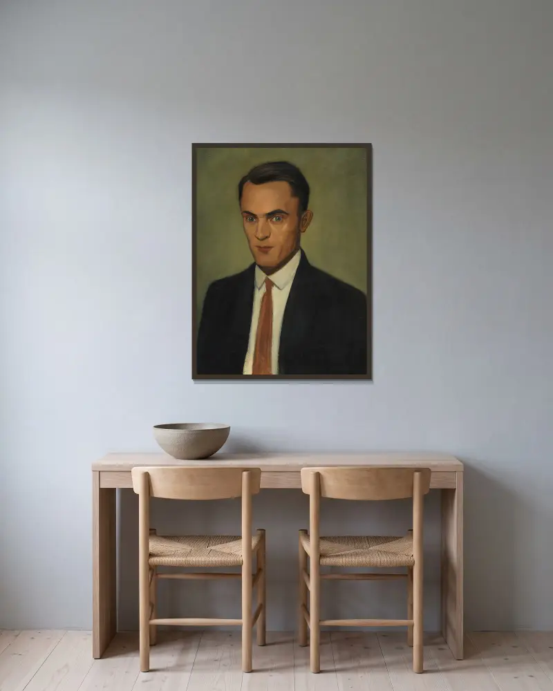 Porträt Erwin Hildinger av Georg Scholz inramad på en vägg