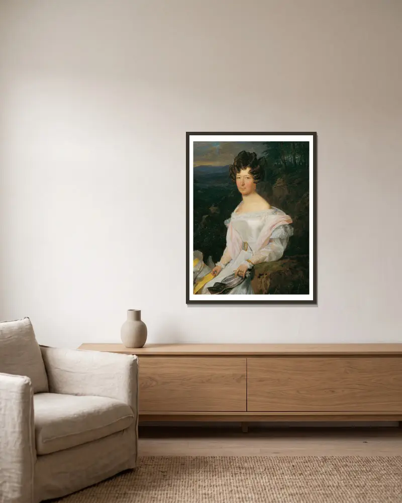 Dame in weißem Kleid vor einer Wienerwaldlandschaft von Ferdinand Georg Waldmüller gerahmt an einer Wand