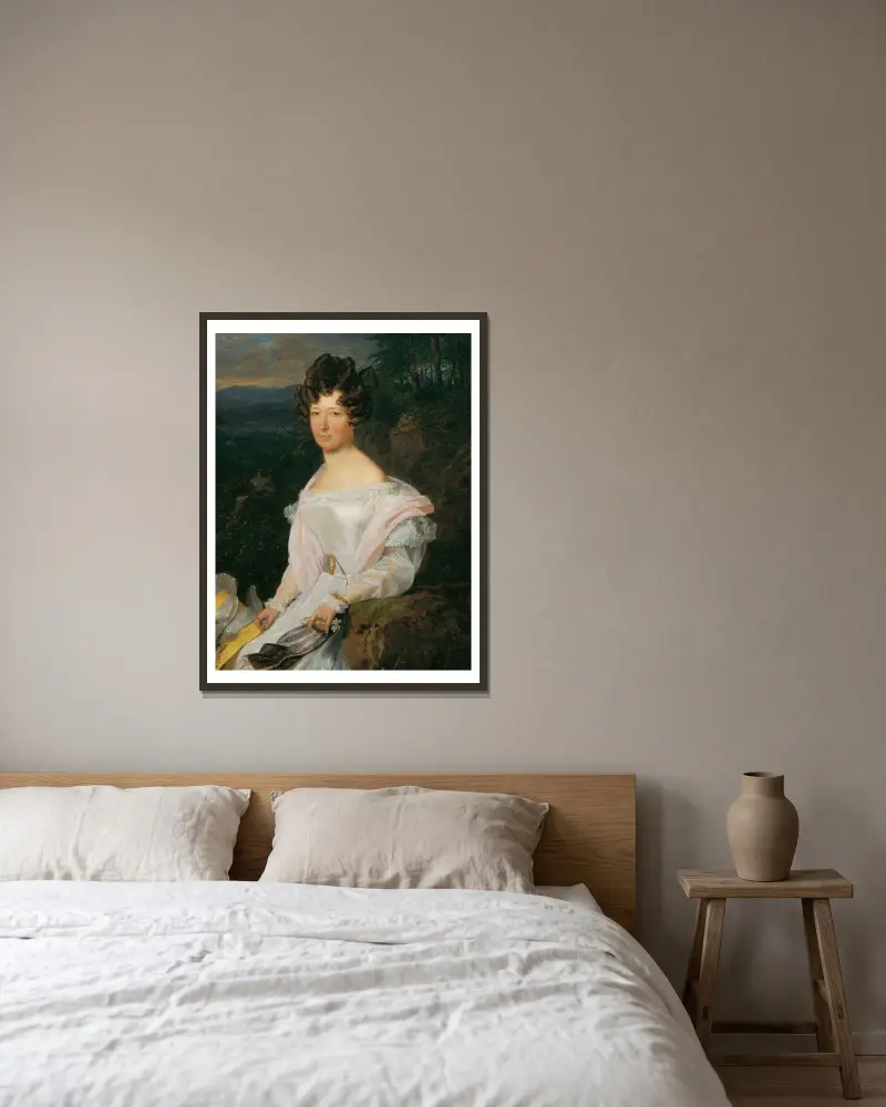 Dame in weißem Kleid vor einer Wienerwaldlandschaft von Ferdinand Georg Waldmüller gerahmt an einer Wand