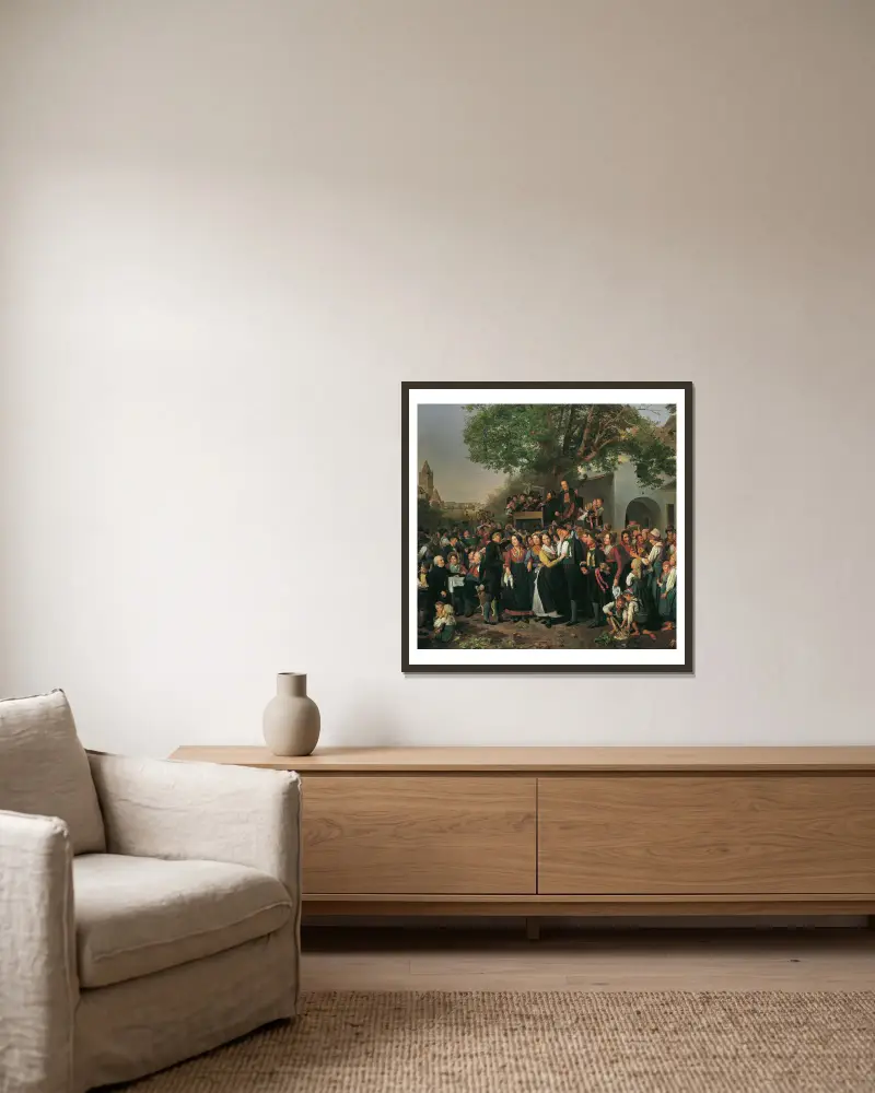 Niederösterreichische Bauernhochzeit von Ferdinand Georg Waldmüller gerahmt an einer Wand