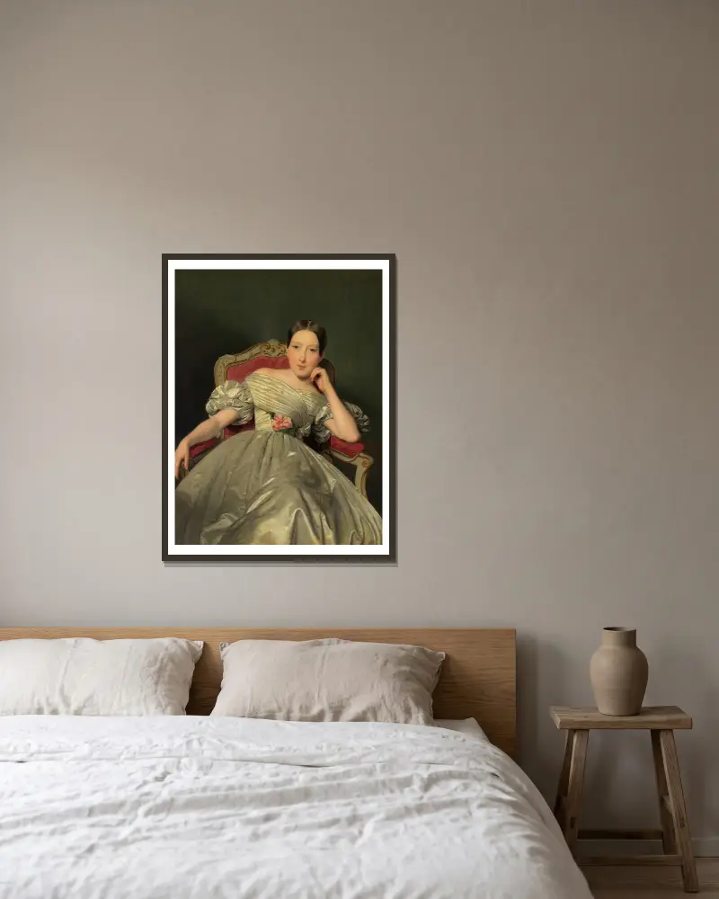 Sitzendes Mädchen in weißem Atlaskleid von Ferdinand Georg Waldmüller gerahmt an einer Wand