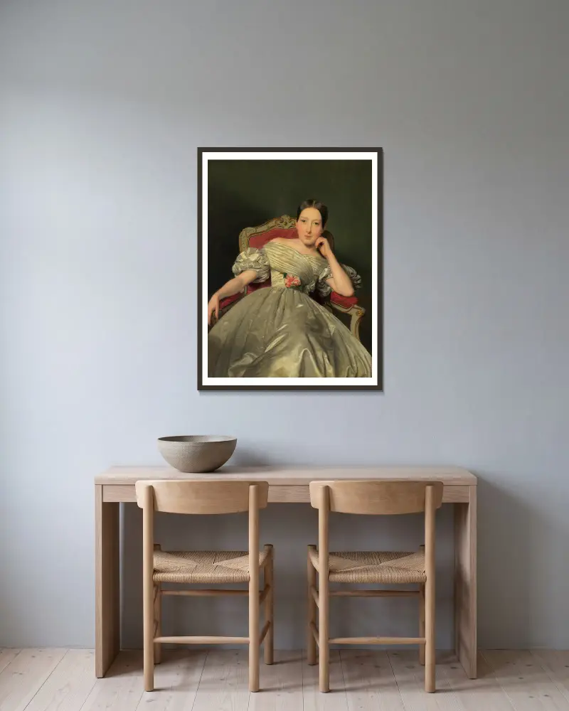 Sitzendes Mädchen in weißem Atlaskleid von Ferdinand Georg Waldmüller gerahmt an einer Wand