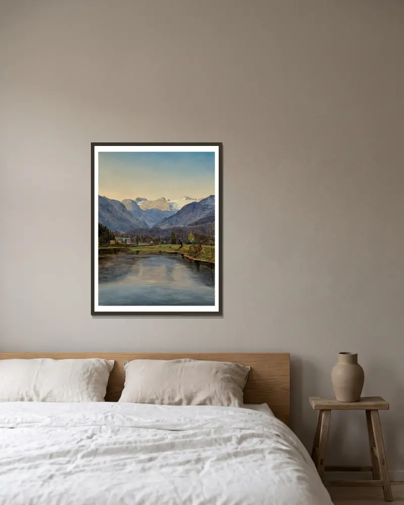 Vy över Altausseesjön och Dachstein av Ferdinand Georg Waldmüller inramad på en vägg