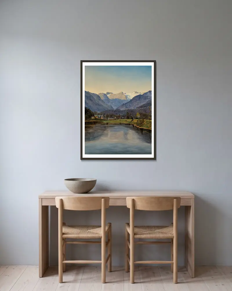 Vy över Altausseesjön och Dachstein av Ferdinand Georg Waldmüller inramad på en vägg