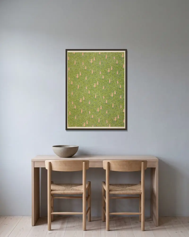 Vorsatzpapiere für Eugène Verneau, Tafel 37 von George Auriol gerahmt an einer Wand