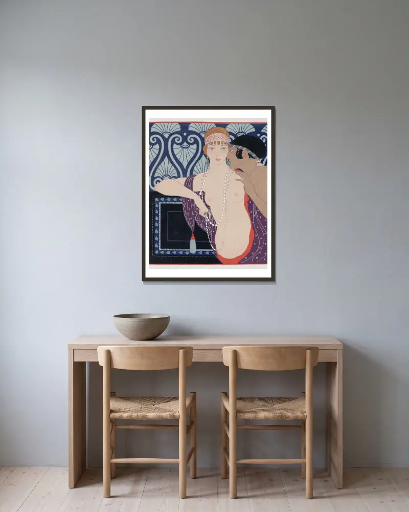 Les Trois Beautes de Mnasidika av George Barbier inramad på en vägg