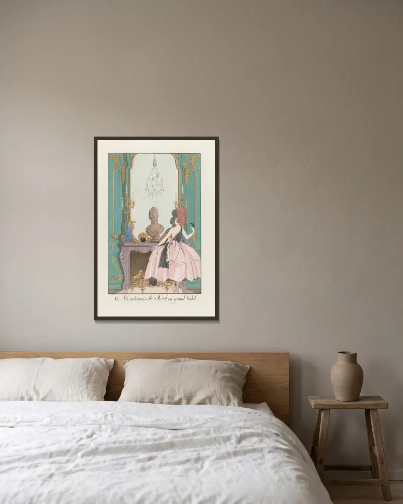 Mademoiselle Sorel i stor dräkt av George Barbier inramad på en vägg