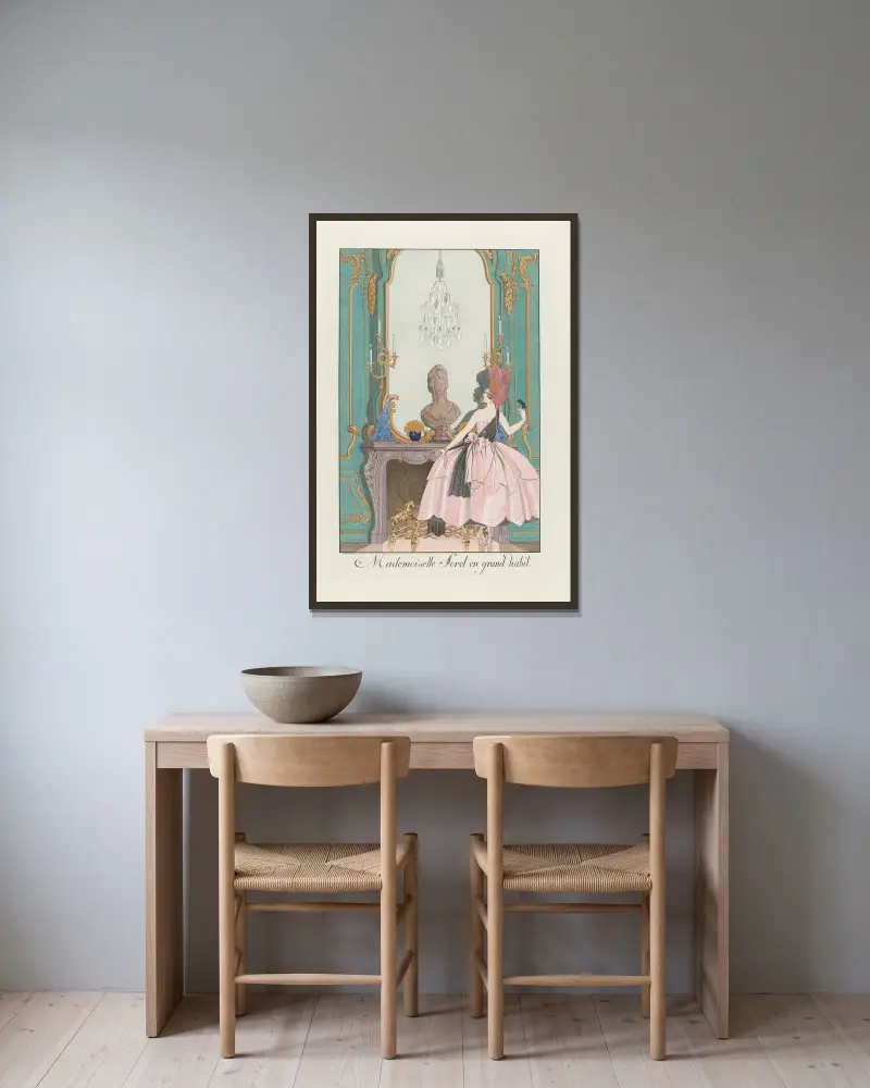 Mademoiselle Sorel i stor dräkt av George Barbier inramad på en vägg