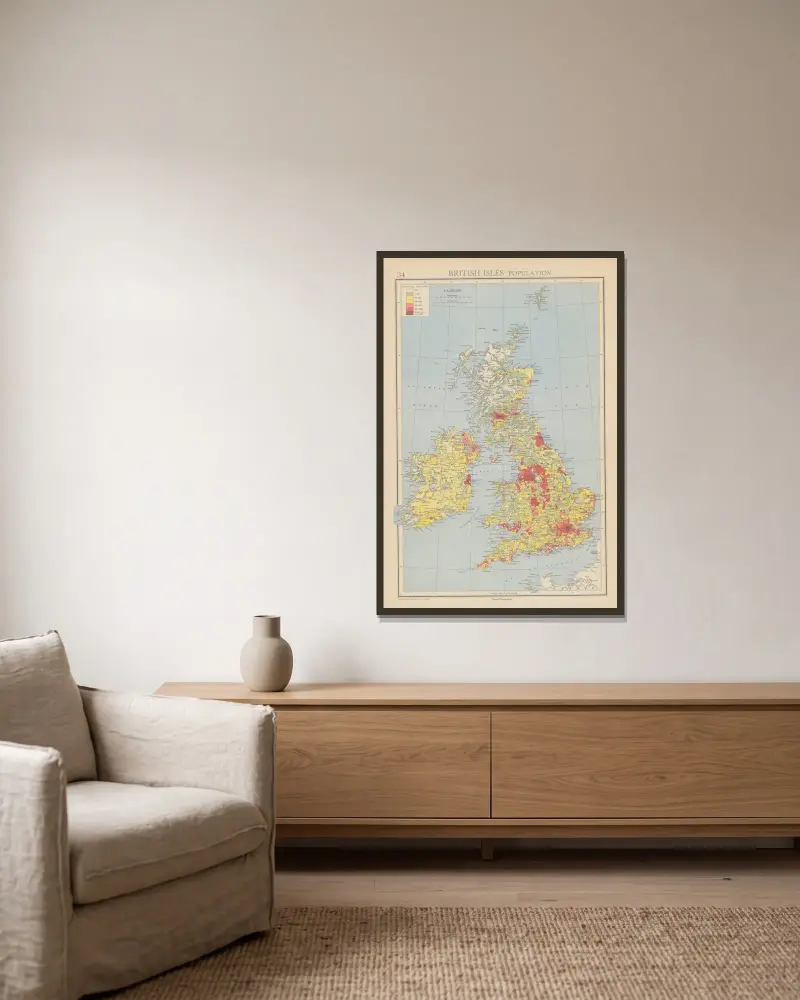 British Isles, Population av John George Bartholomew inramad på en vägg