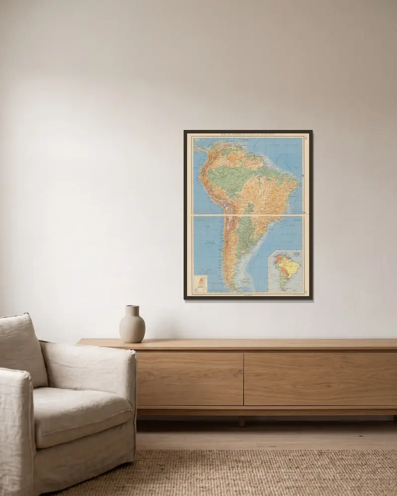 South America – Physical Features von John George Bartholomew gerahmt an einer Wand