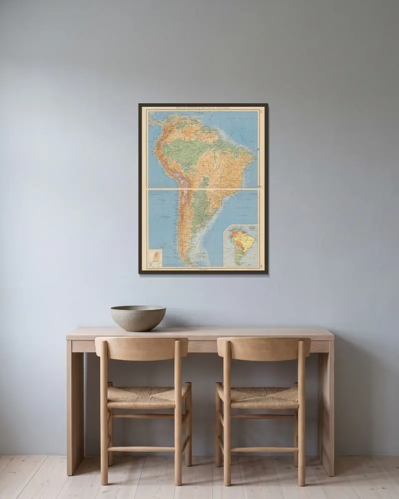 South America – Physical Features von John George Bartholomew gerahmt an einer Wand