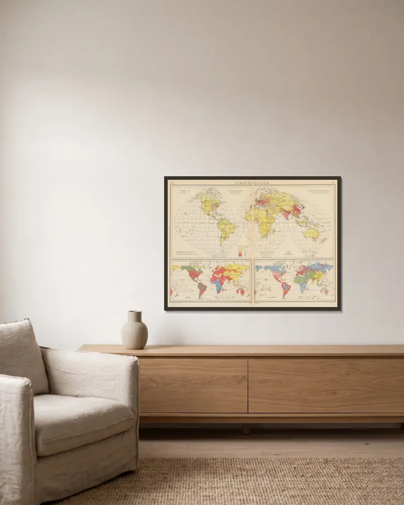 World Population av John George Bartholomew inramad på en vägg