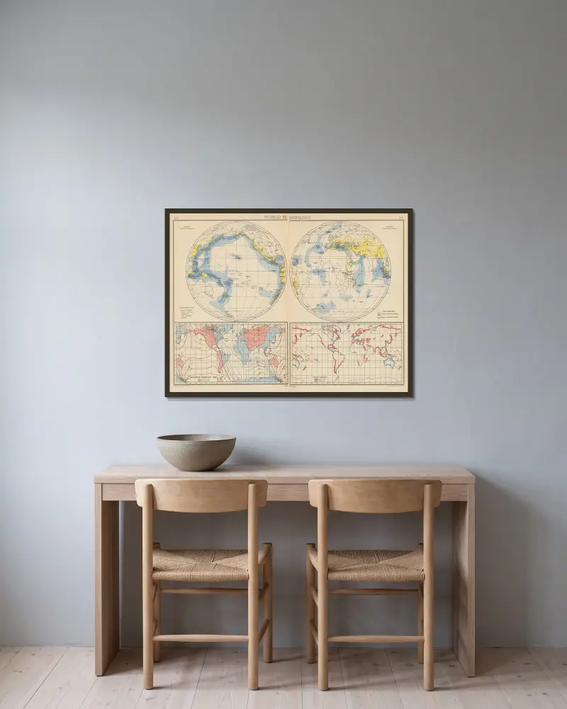 World Seismology av John George Bartholomew inramad på en vägg