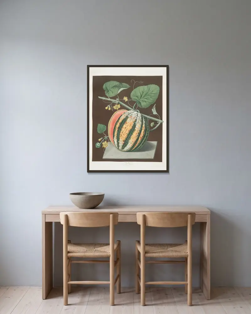 Scharlachrote Fleisch-Romana-Melone von George Brookshaw gerahmt an einer Wand