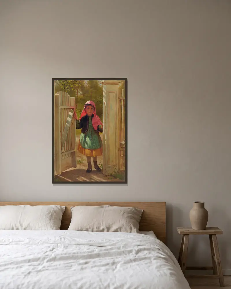 Flicka i dörröppningen av John George Brown inramad på en vägg