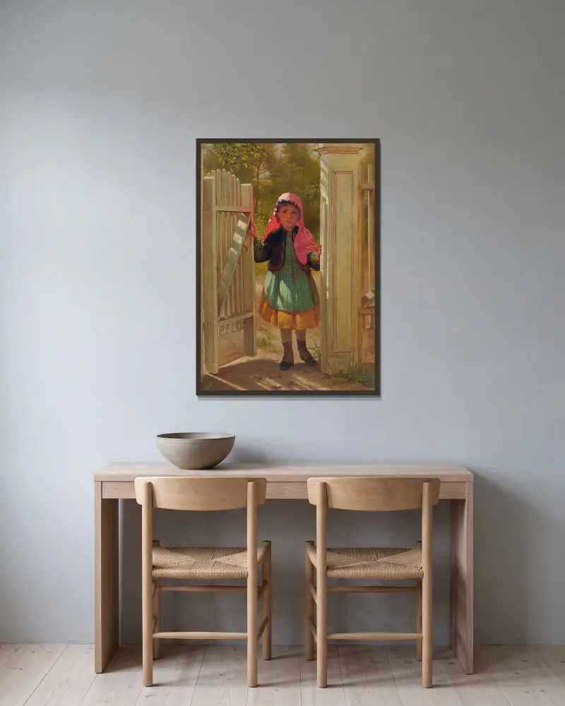 Flicka i dörröppningen av John George Brown inramad på en vägg