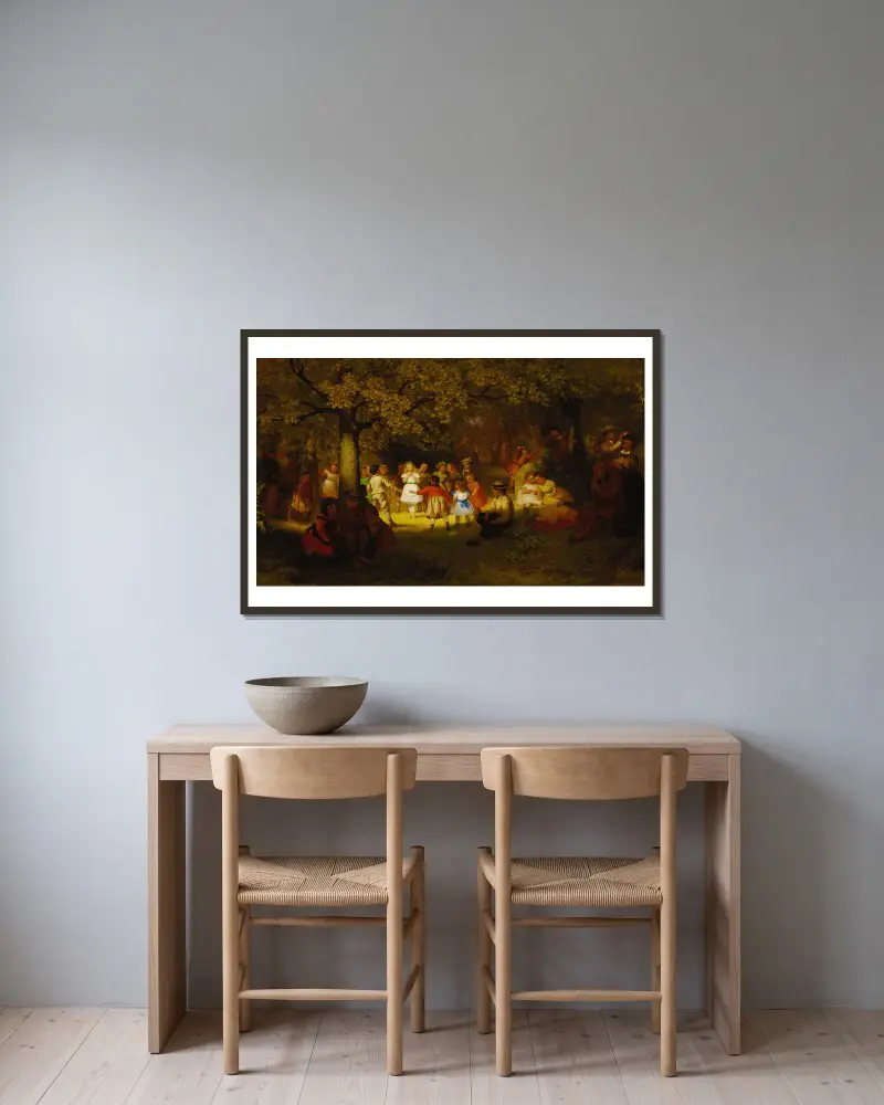 Picknick i skogen av John George Brown inramad på en vägg