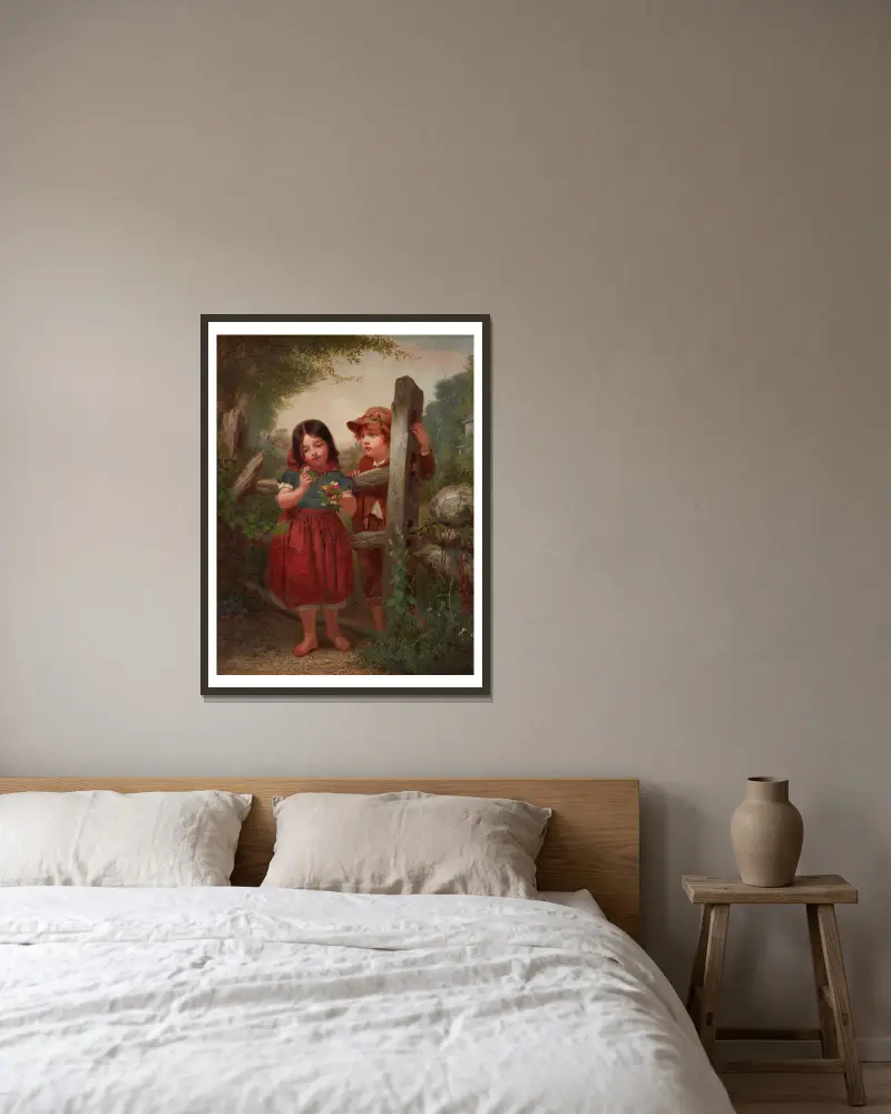 Der Blumenstrauß von John George Brown gerahmt an einer Wand