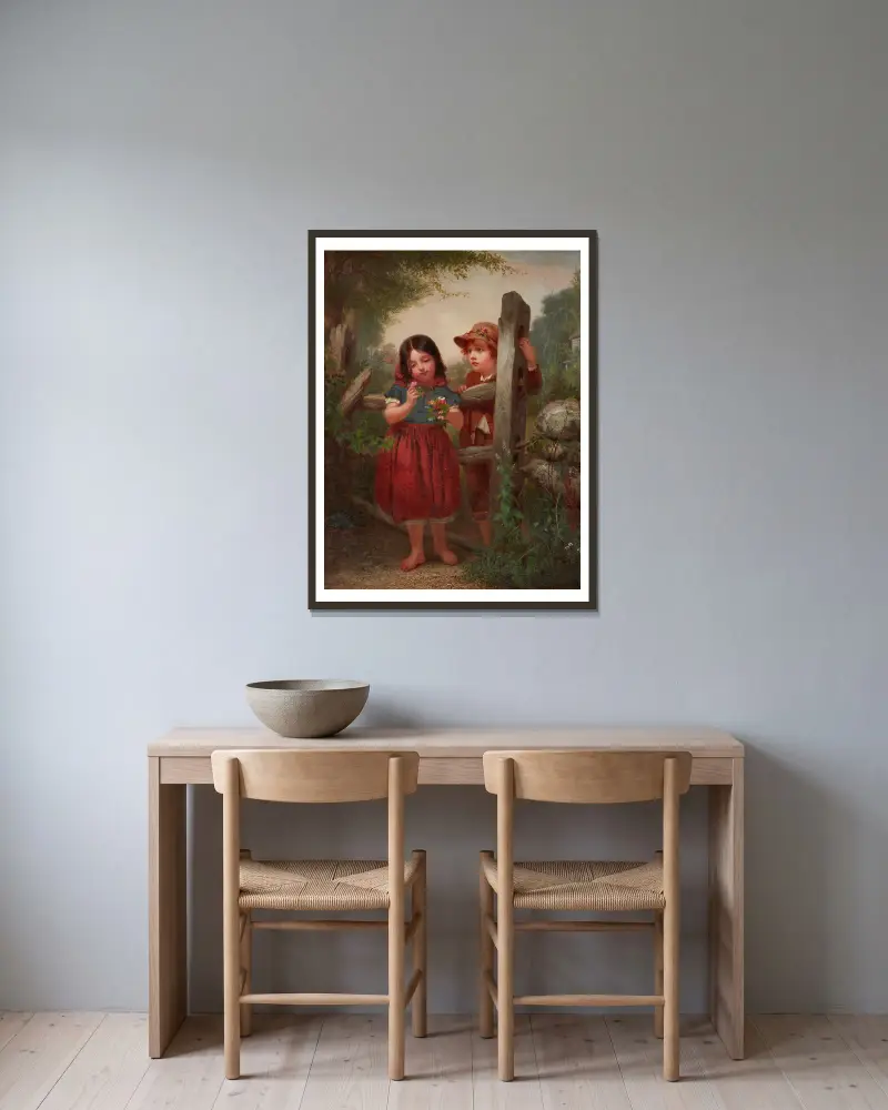Der Blumenstrauß von John George Brown gerahmt an einer Wand