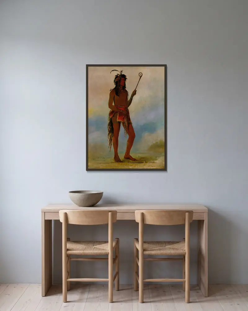 Ah-Nó-Je-Nahge, han som står på båda sidor, en framstående bollspelare av George Catlin inramad på en vägg
