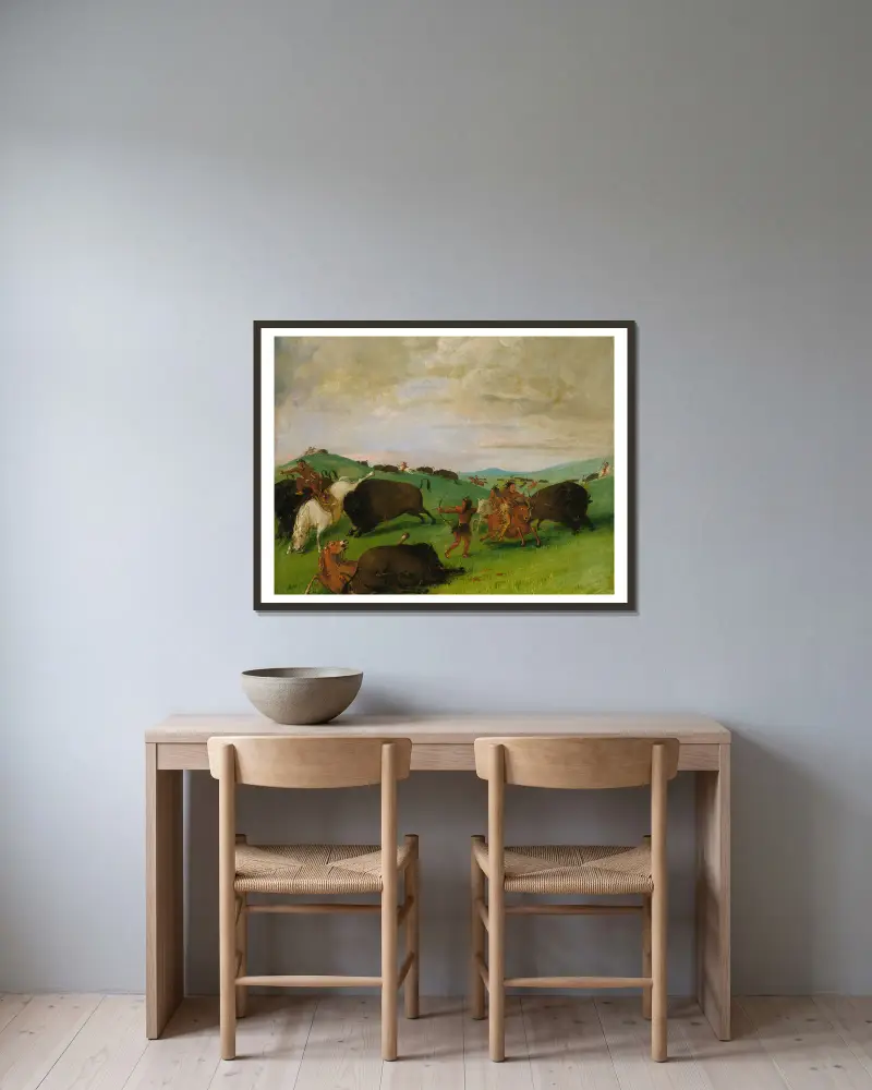 Buffeljakt, tjurar som strider mot män och hästar av George Catlin inramad på en vägg