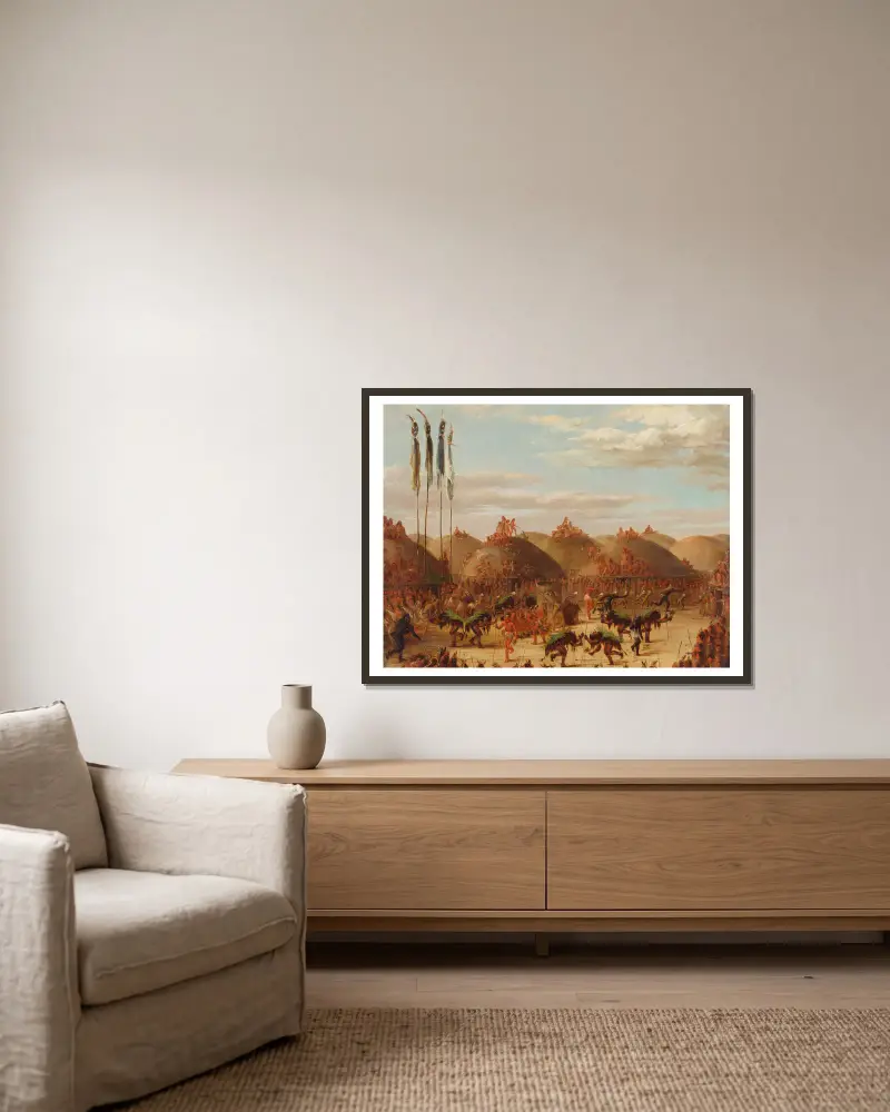Büffeltanz, O-Kee-Pa-Zeremonie der Mandan von George Catlin gerahmt an einer Wand