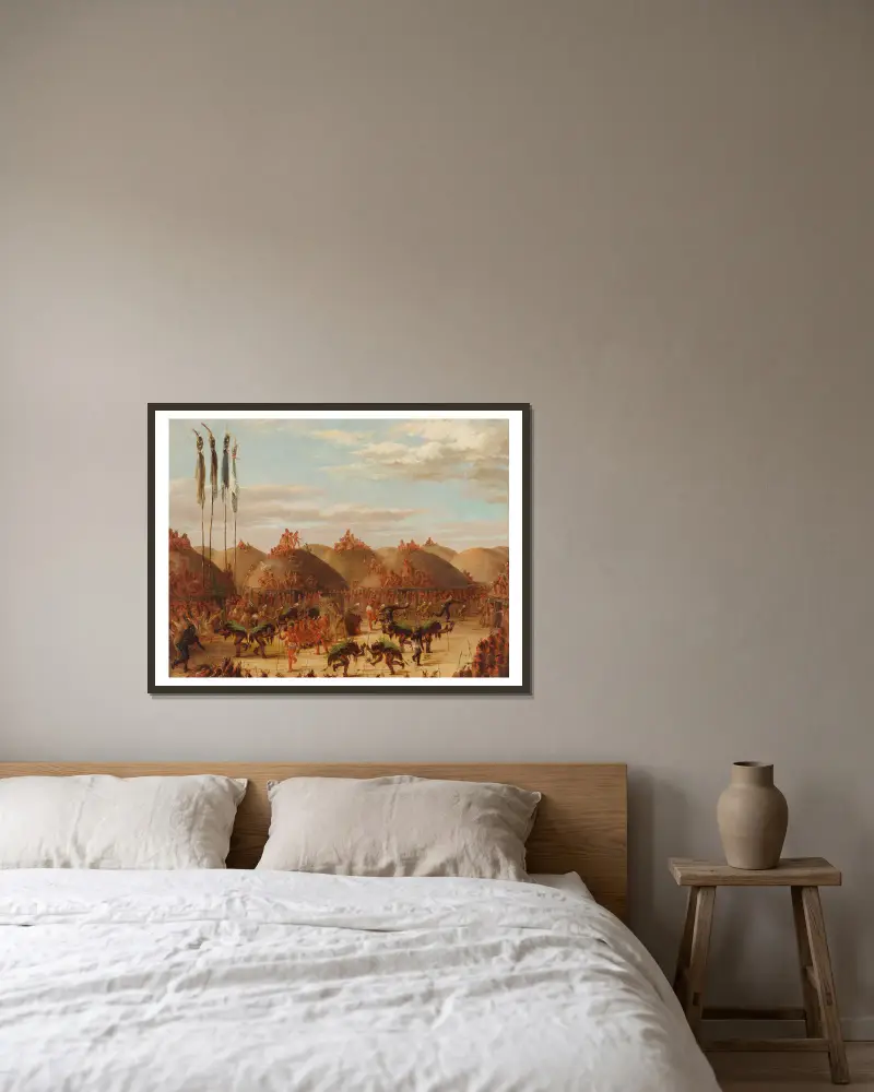 Büffeltanz, O-Kee-Pa-Zeremonie der Mandan von George Catlin gerahmt an einer Wand