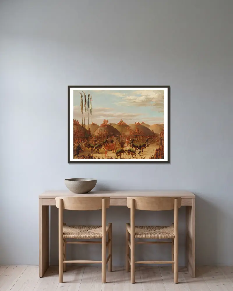 Büffeltanz, O-Kee-Pa-Zeremonie der Mandan von George Catlin gerahmt an einer Wand