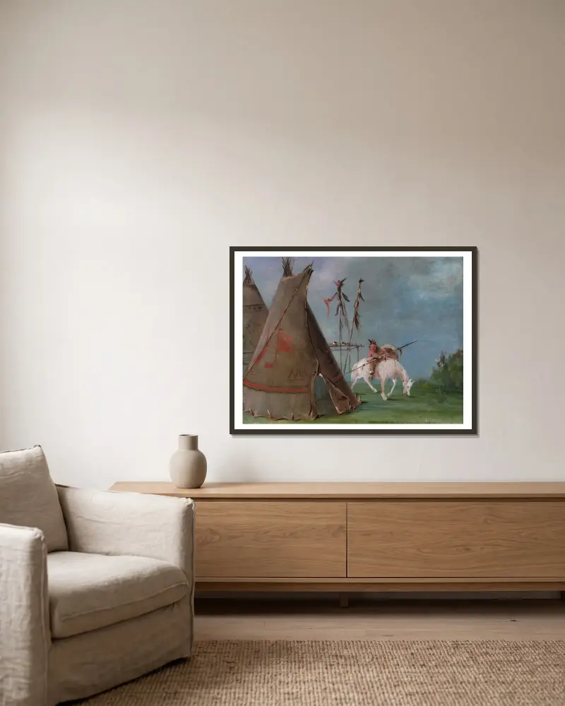 Comanchehydda av buffelhudar av George Catlin inramad på en vägg