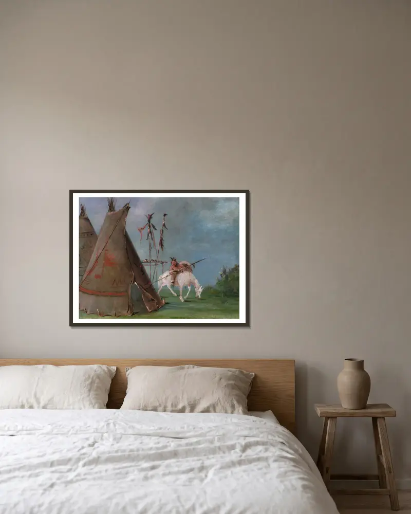 Comanchehydda av buffelhudar av George Catlin inramad på en vägg