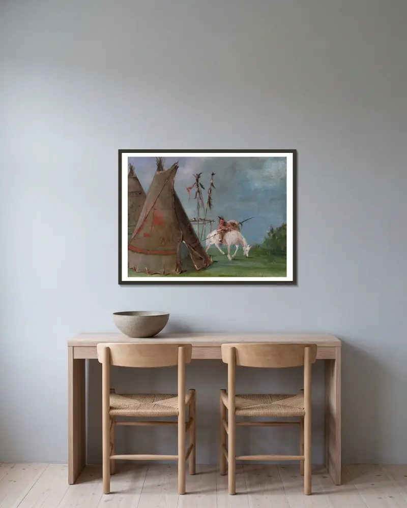 Comanchehydda av buffelhudar av George Catlin inramad på en vägg
