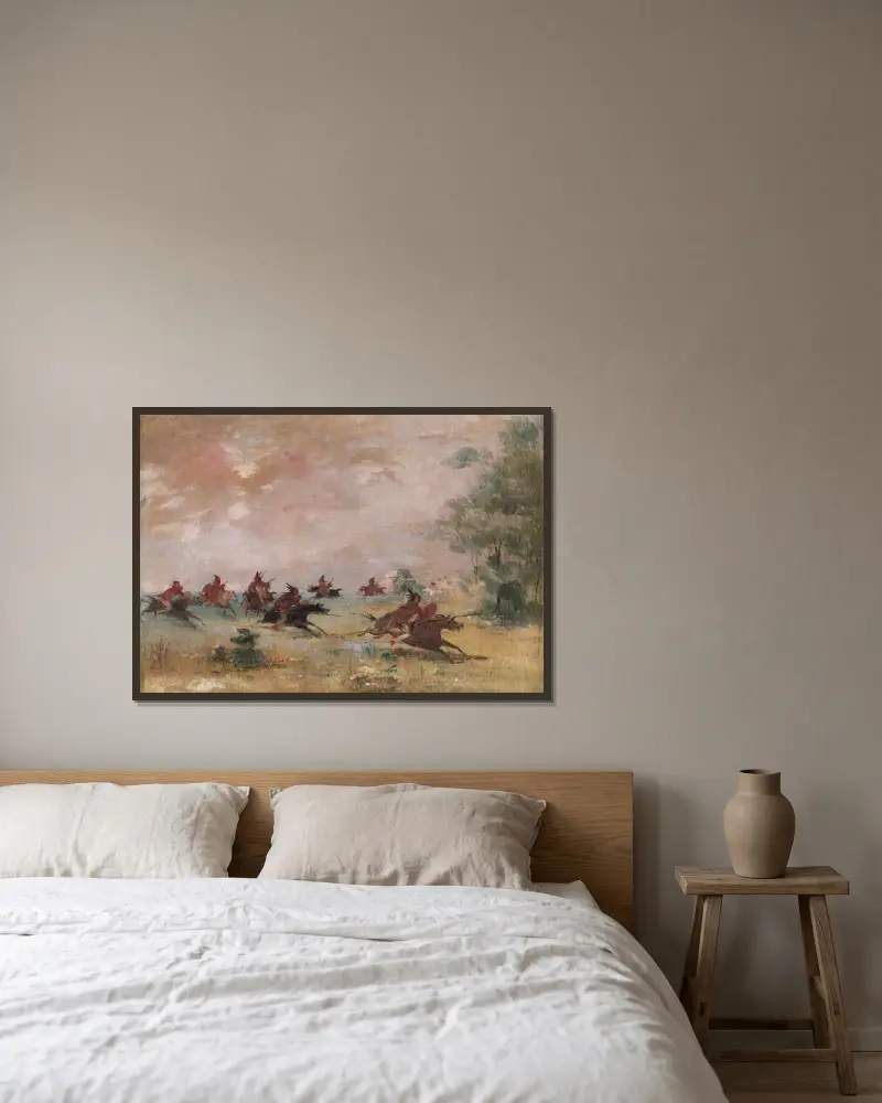 Comanchernas krigståg, till häst på vilda hästar av George Catlin inramad på en vägg