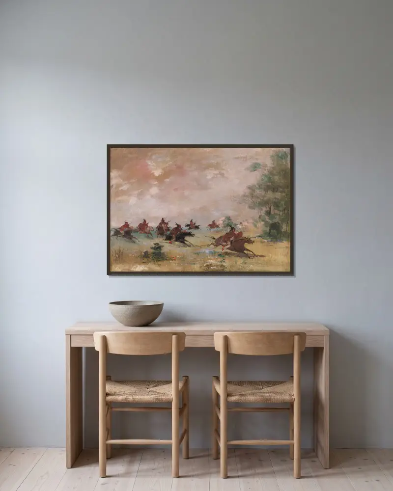 Comanchernas krigståg, till häst på vilda hästar av George Catlin inramad på en vägg