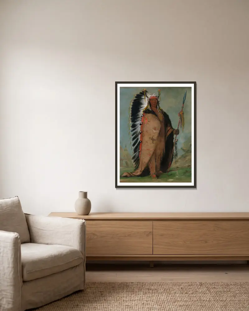 Ee-Áh-Sá-Pa, Black Rock, ein Two Kettle-Häuptling, 1832 von George Catlin gerahmt an einer Wand